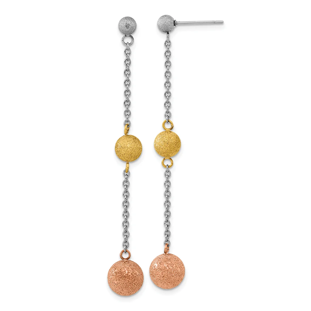 Pair of long dangle earrings with silver stud tops, silver chain, gold textured beads in the middle, and rose gold textured beads at the bottom.