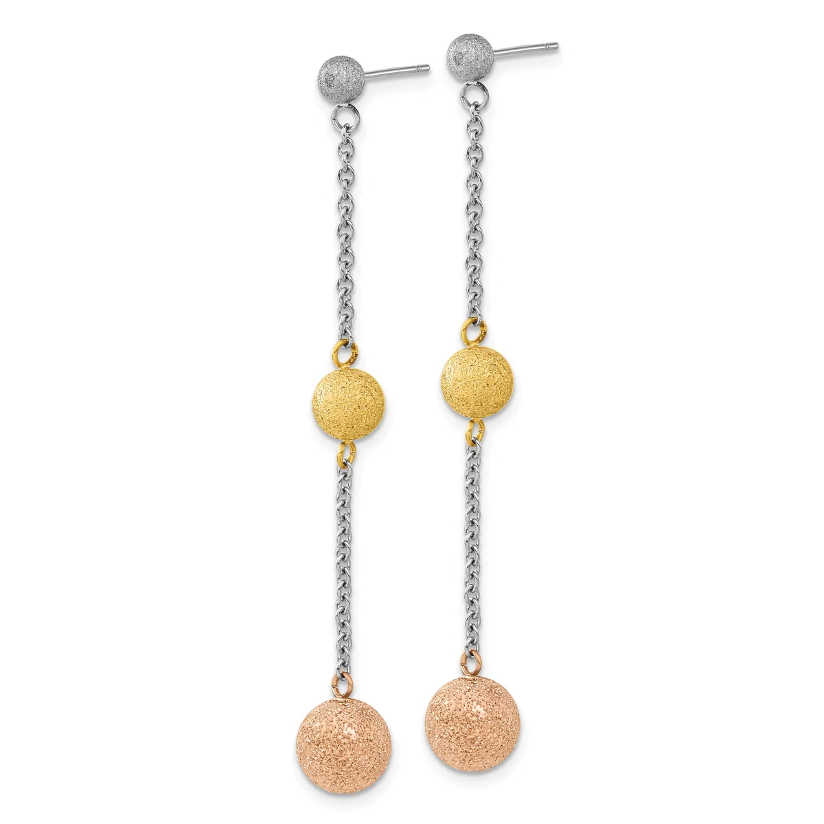 Pair of dangling earrings with silver stud tops, silver chain links, gold textured spheres, and rose gold textured spheres arranged vertically on each ear.