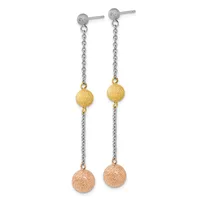 Pair of dangling earrings with silver stud tops, silver chain links, gold textured spheres, and rose gold textured spheres arranged vertically on each ear.
