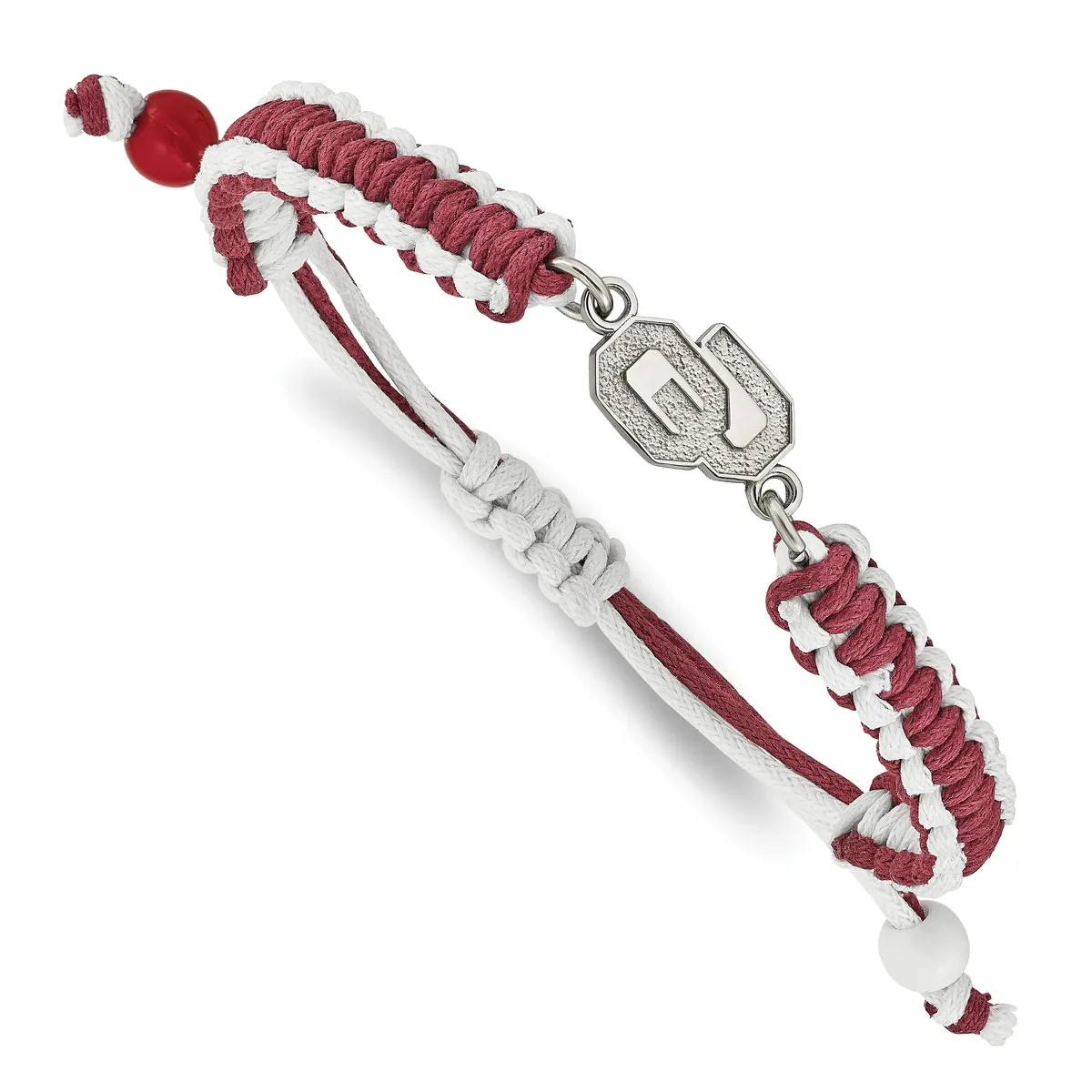 Braided bracelet in burgundy and white cord with a silver-toned metal connector charm, adjustable closure, displayed at an angle.
