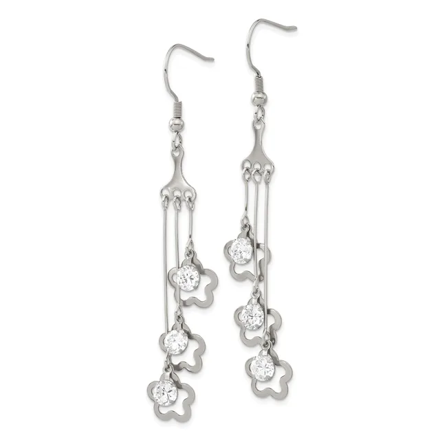 Pair of silver-toned dangle earrings with fork-shaped tops and multiple small star-shaped charms with cubic zirconia stones hanging from chains.