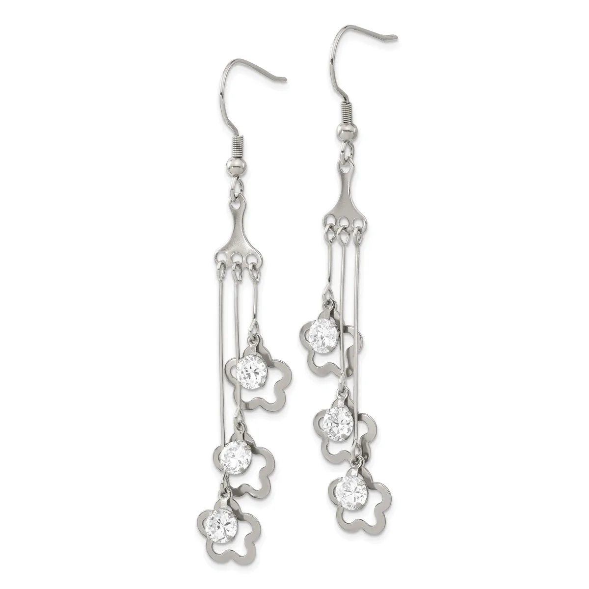 Pair of silver-toned dangle earrings with fork-shaped tops and multiple small star-shaped charms with cubic zirconia stones hanging from chains.