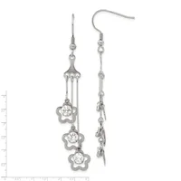 A pair of silver drop earrings with fish hook wires featuring three cascading flower-shaped charms, each set with a round cubic zirconia stone, displayed against a measurement scale.