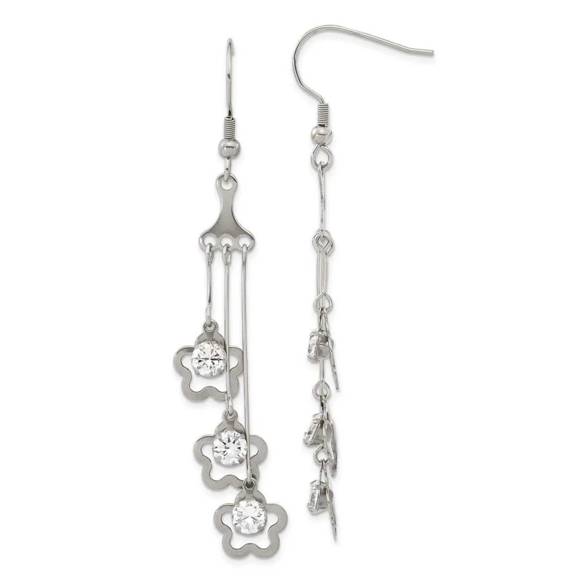 Pair of silver-tone dangle earrings with fish hook backs, each featuring three star-shaped charms with round cubic zirconia stones suspended from a decorative fork-like top.