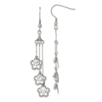 Pair of silver-tone dangle earrings with fish hook backs, each featuring three star-shaped charms with round cubic zirconia stones suspended from a decorative fork-like top.