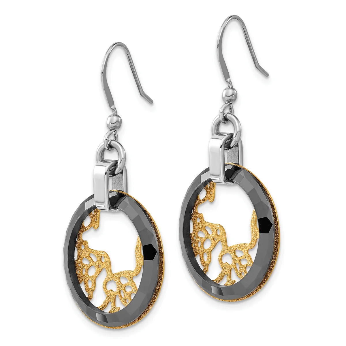 A pair of dangling earrings with oval frames featuring black and gold-toned metalwork in a filigree pattern, suspended from silver-toned fish hook wires.