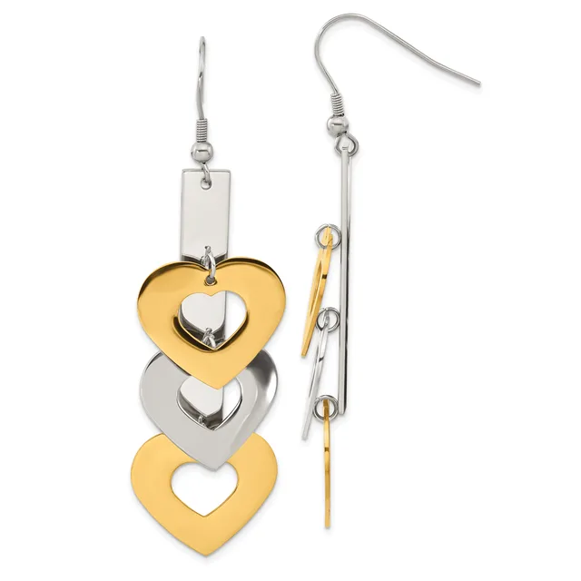 A pair of dangling earrings with stainless steel ear wires featuring three stacked heart charms in alternating gold and silver finishes, displayed from two angles.