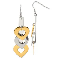 A pair of dangling earrings with stainless steel ear wires featuring three stacked heart charms in alternating gold and silver finishes, displayed from two angles.