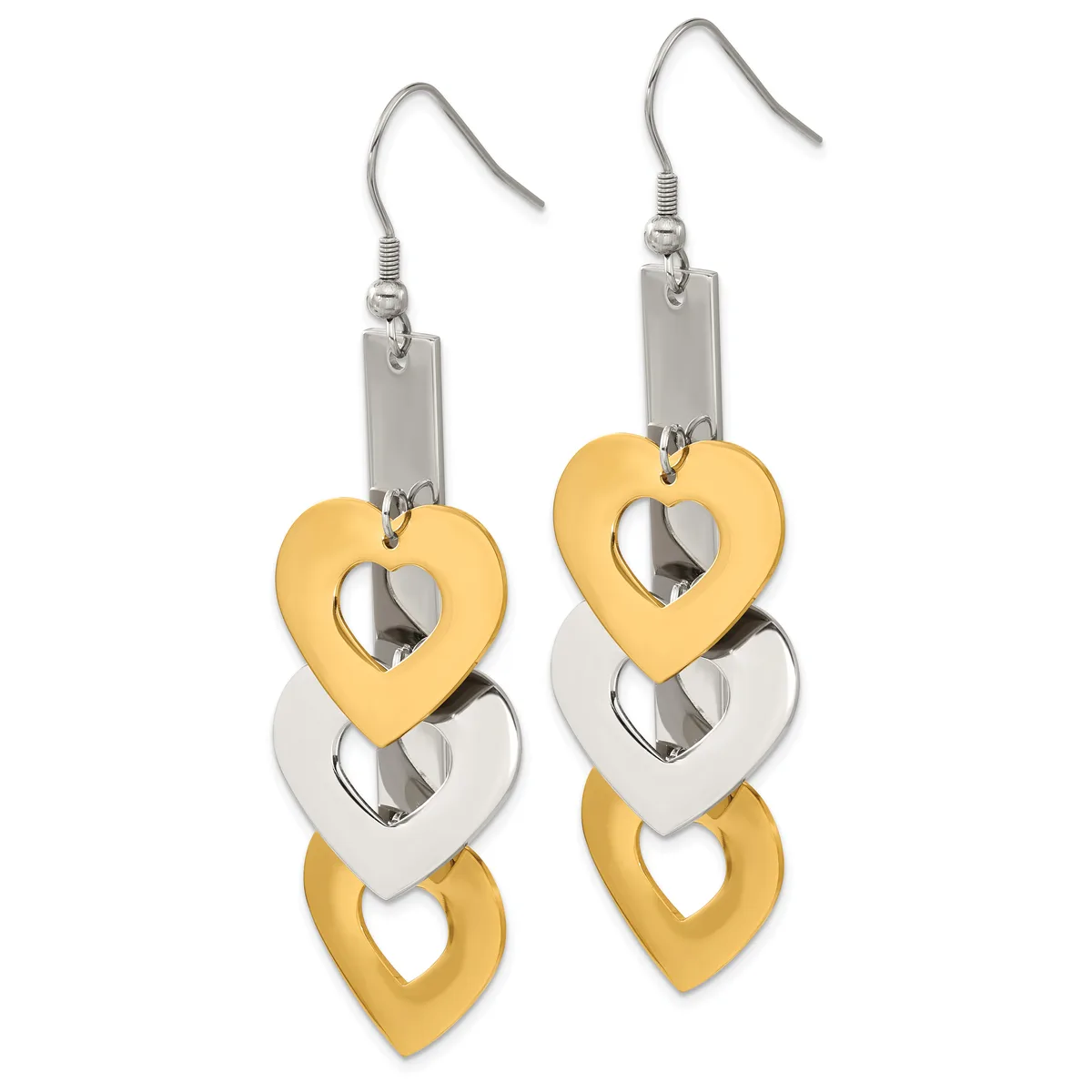 A pair of dangling earrings with silver ear wires featuring stacked heart-shaped charms in alternating gold and silver finishes.