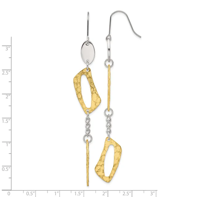 Pair of two-tone dangle earrings with textured gold ovals suspended from silver oval tops and chain links, measuring approximately three inches in length.