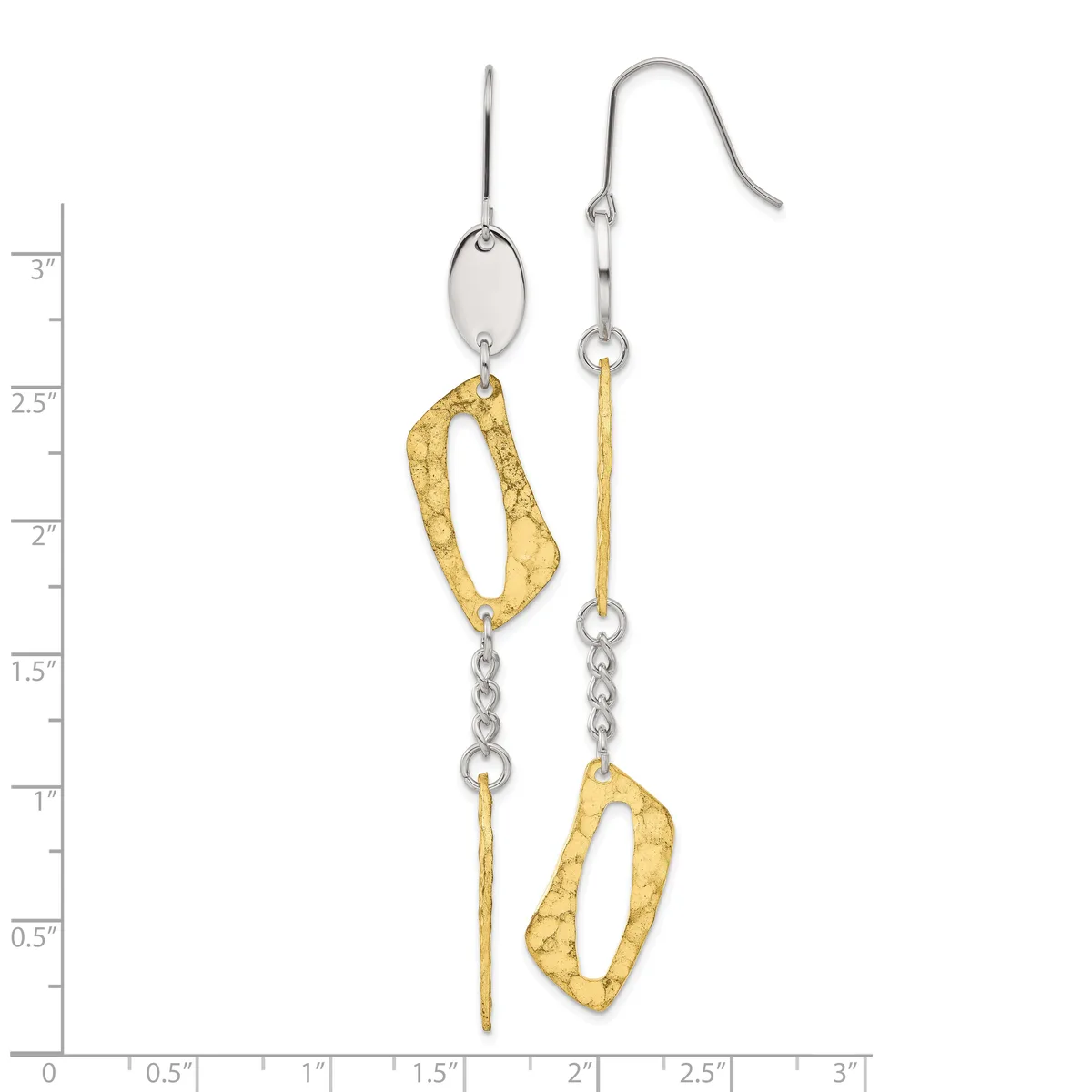 Pair of two-tone dangle earrings with textured gold ovals suspended from silver oval tops and chain links, measuring approximately three inches in length.