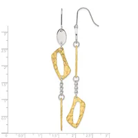 Pair of two-tone dangle earrings with textured gold ovals suspended from silver oval tops and chain links, measuring approximately three inches in length.