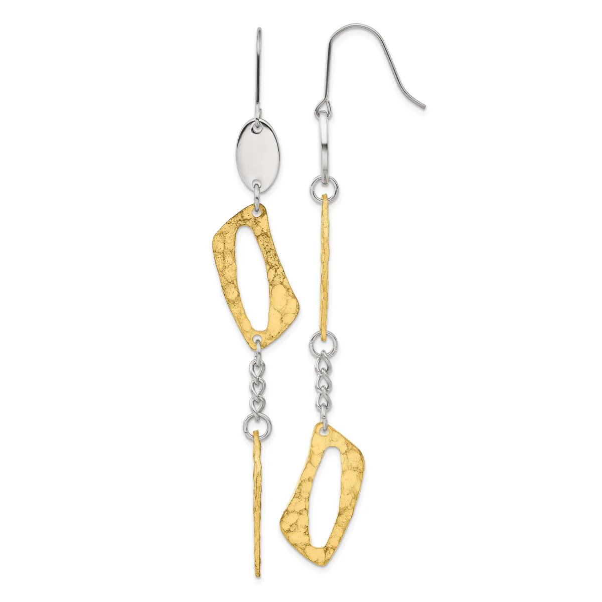 Pair of asymmetrical dangle earrings with silver ear wires, silver ovals, textured gold-toned curved shapes, and silver chain accents.