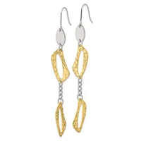 Pair of dangle earrings featuring silver oval tops, silver chain connectors, and two hammered gold-tone oval loops per earring, displayed against a white background.