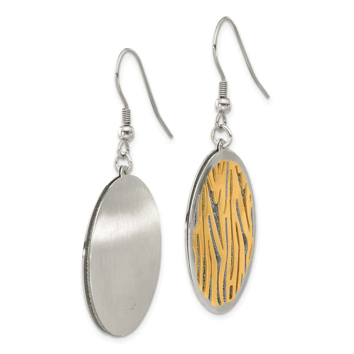 A pair of silver fish hook earrings with oval pendants, one plain brushed silver and one gold with linear striped pattern.