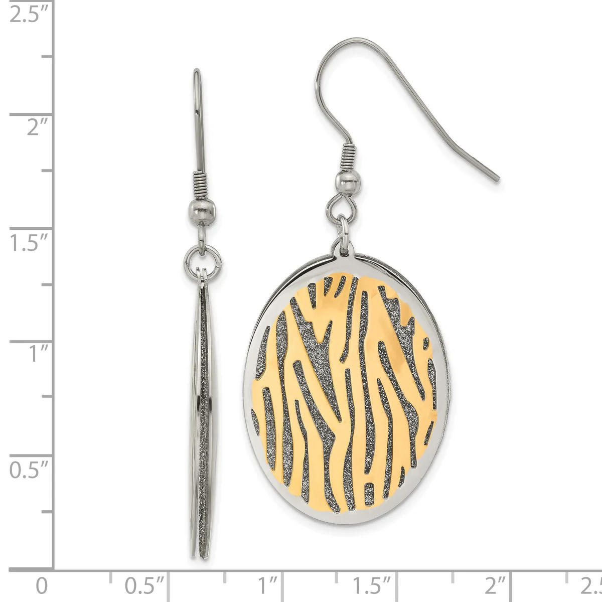 A pair of silver fish hook earrings with one featuring a long tapered bar and the other an oval pendant with yellow and gray striped pattern, shown against a ruler for scale.