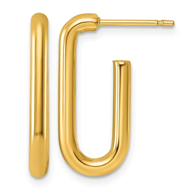 A pair of polished gold hoop earrings with rounded tubular forms, shown from the front with posts and backs visible.
