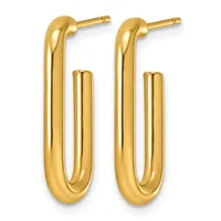 A pair of polished gold elongated oval hoop earrings with rounded edges, shown from the front with post and clutch closures.