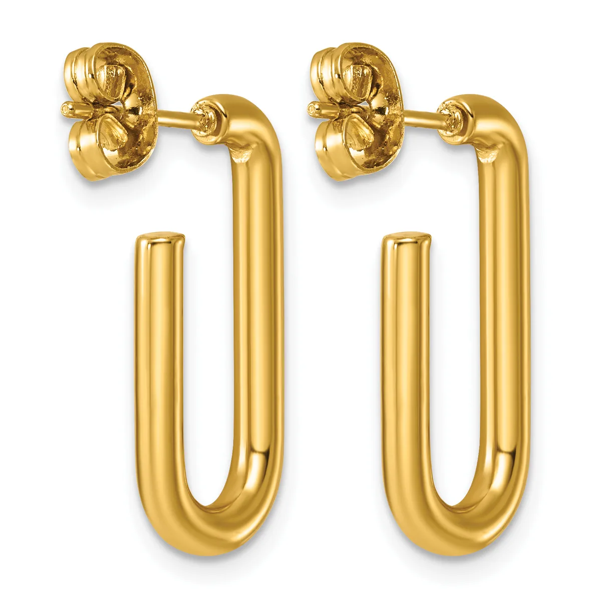 A pair of gold elongated U-shaped hoop earrings with decorative stud posts featuring floral or ornamental designs.