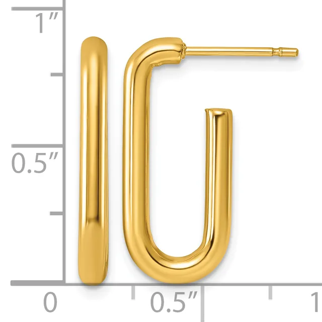 A pair of polished gold tubular hoop earrings with rounded ends, displayed against a ruler showing measurements up to one inch.