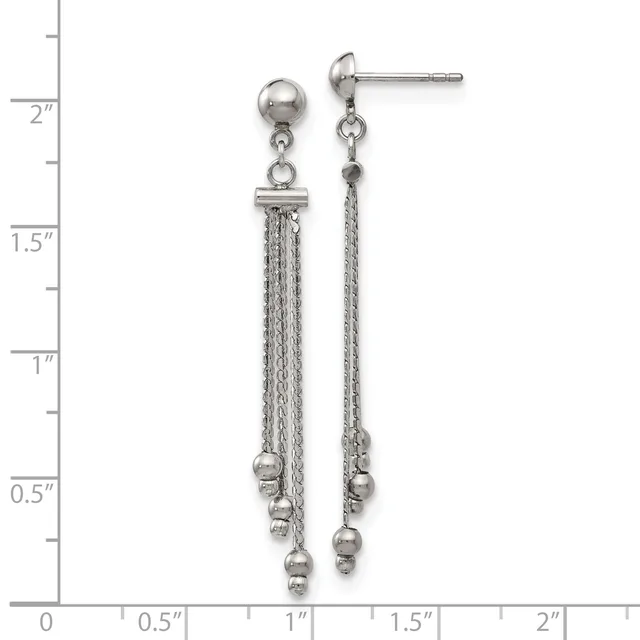 A pair of silver-toned dangle earrings with ball studs featuring multiple chains with small spheres hanging from them, shown against a ruler measuring approximately two inches in length.