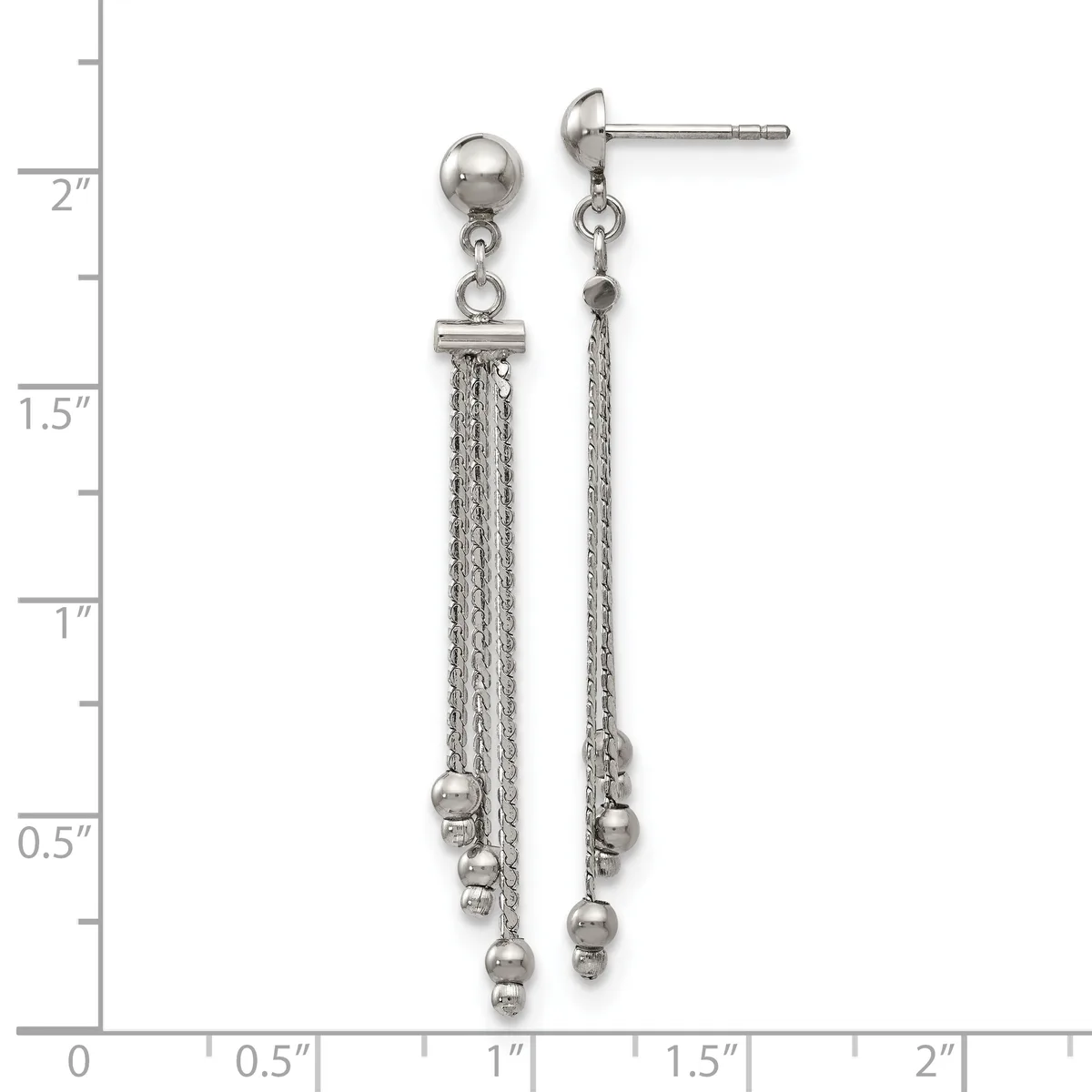A pair of silver-toned dangle earrings with ball studs featuring multiple chains with small spheres hanging from them, shown against a ruler measuring approximately two inches in length.
