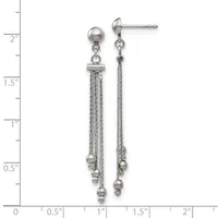A pair of silver-toned dangle earrings with ball studs featuring multiple chains with small spheres hanging from them, shown against a ruler measuring approximately two inches in length.