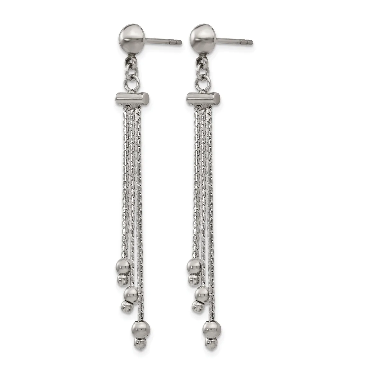 Pair of silver-tone stud earrings with dangling chains and small beads attached to the ends.