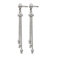 Pair of silver-tone stud earrings with dangling chains and small beads attached to the ends.