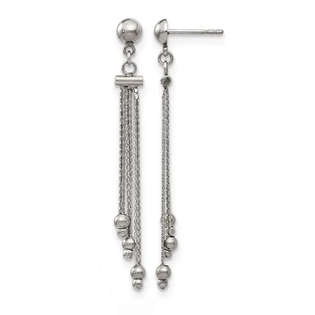 Pair of silver-toned dangle earrings with ball studs at top, multiple chains hanging down with small spherical beads at the ends.