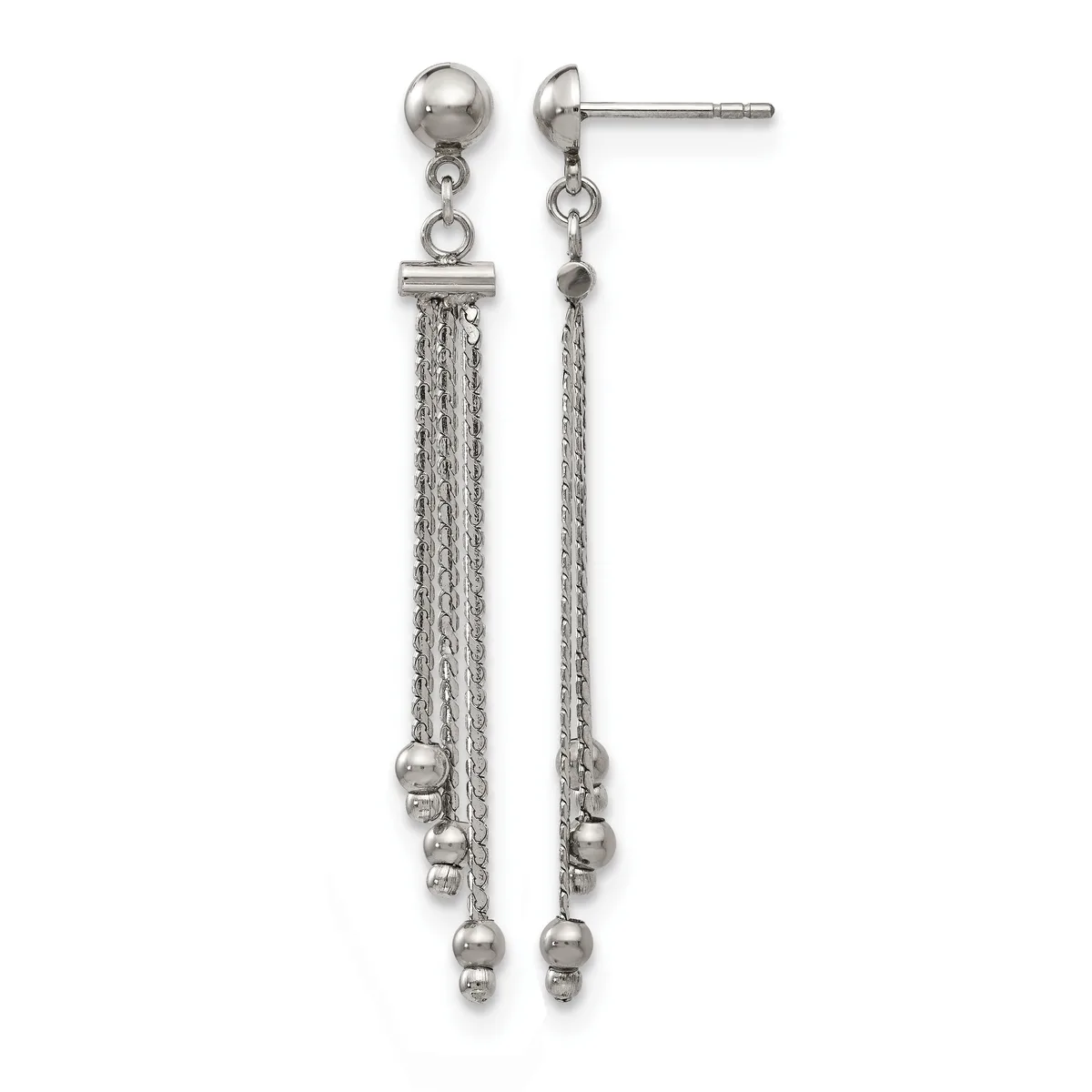 Pair of silver-toned dangle earrings with ball studs at top, multiple chains hanging down with small spherical beads at the ends.