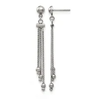 Pair of silver-toned dangle earrings with ball studs at top, multiple chains hanging down with small spherical beads at the ends.