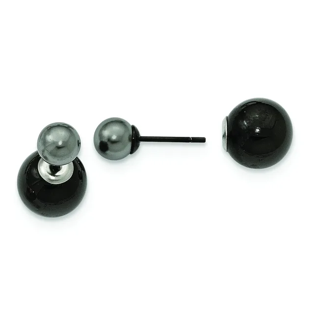 A pair of black and gray spherical stud earrings displayed with a matching larger black sphere, shown against a white background.