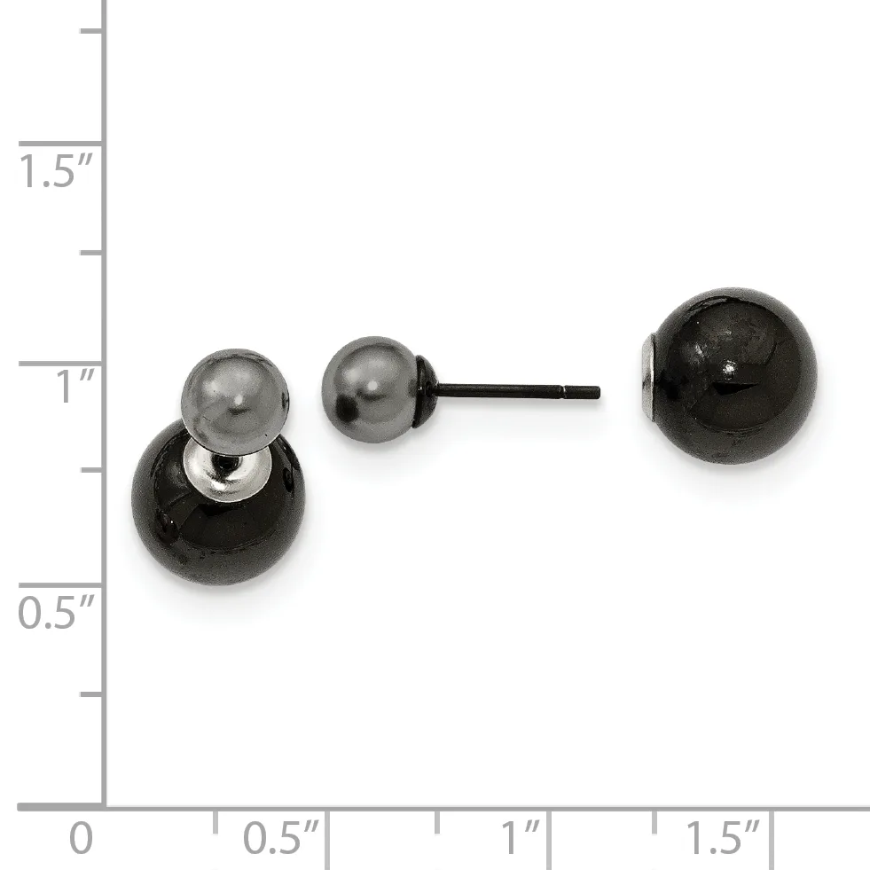 Two-piece earring set displaying a pair of black and gray spherical stud earrings shown next to a larger matching black sphere, with measurement scale indicating sizes up to 1.5 inches.