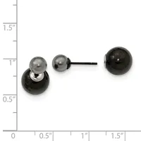 Two-piece earring set displaying a pair of black and gray spherical stud earrings shown next to a larger matching black sphere, with measurement scale indicating sizes up to 1.5 inches.
