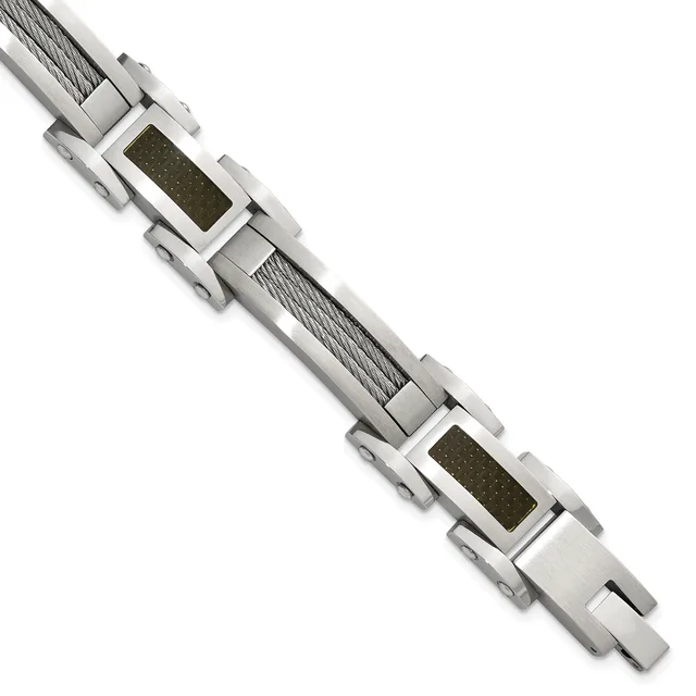 Stainless steel bracelet with alternating rectangular links featuring cable wire segments and olive-green stone inlays, displayed diagonally on white background.