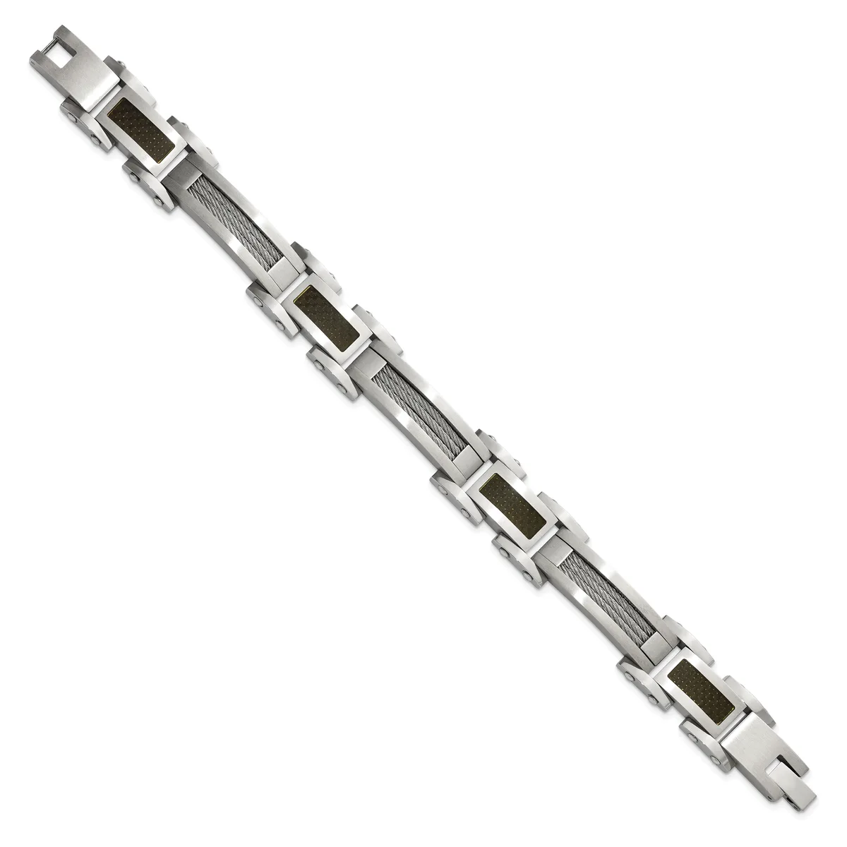 Stainless steel bracelet with alternating rectangular links featuring black inlay panels and twisted cable-textured sections, displayed at an angle against a white background.