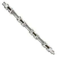 Stainless steel bracelet with alternating rectangular links featuring black inlay panels and twisted cable-textured sections, displayed at an angle against a white background.