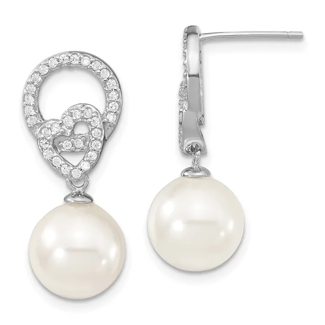 Pair of silver drop earrings with cubic zirconia-studded teardrop tops and round white pearl pendants, shown from front and side angles.