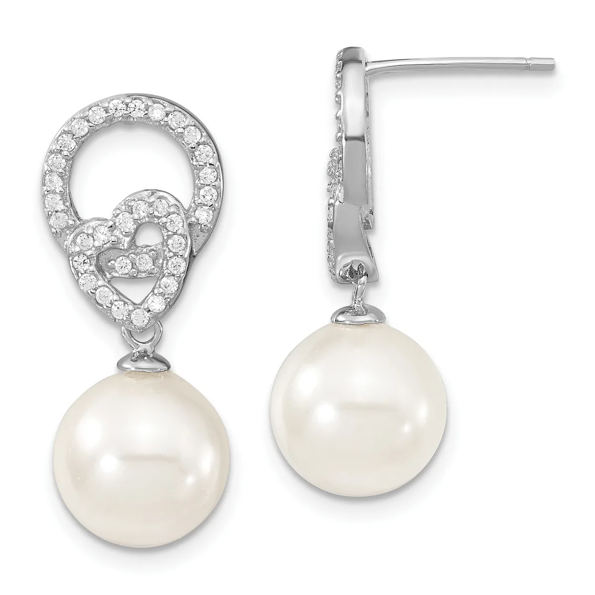 Pair of silver drop earrings with cubic zirconia-studded teardrop tops and round white pearl pendants, shown from front and side angles.