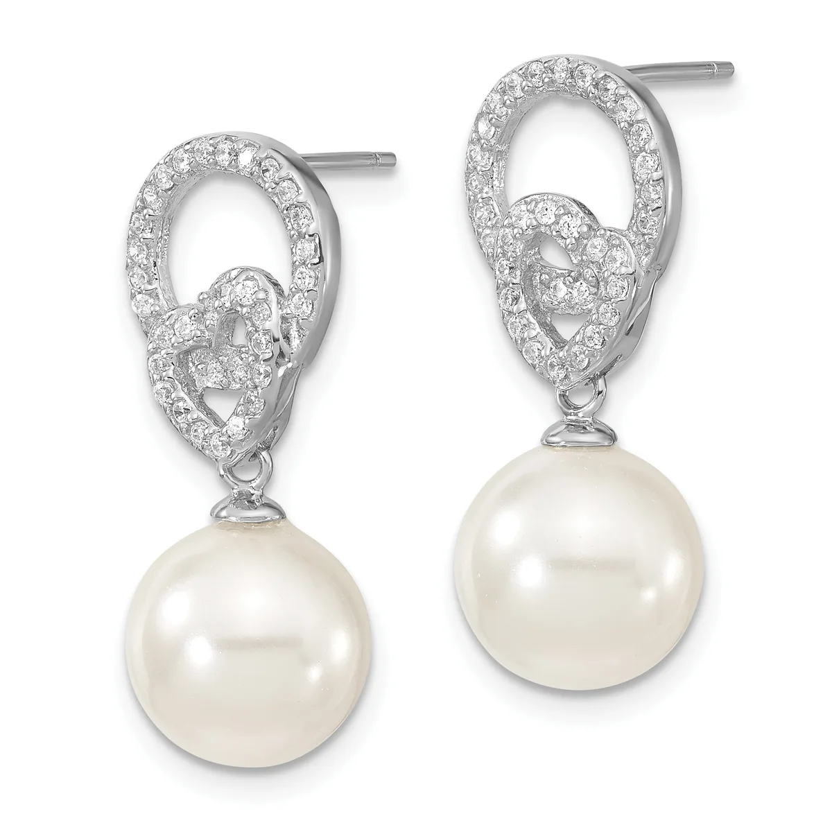 A pair of silver stud earrings with ornate oval tops featuring cubic zirconia stones and dangling white pearl drops.