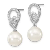 A pair of silver stud earrings with ornate oval tops featuring cubic zirconia stones and dangling white pearl drops.