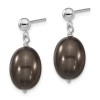 A pair of silver stud earrings with polished ball tops and dangling brown pearl oval drops connected by small chain links.