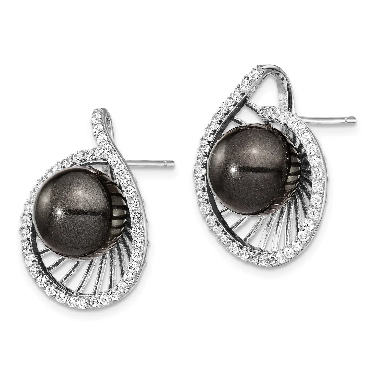 A pair of silver stud earrings featuring black pearl centers surrounded by diamond halos and decorative fan-shaped metalwork details.