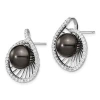 A pair of silver stud earrings featuring black pearl centers surrounded by diamond halos and decorative fan-shaped metalwork details.