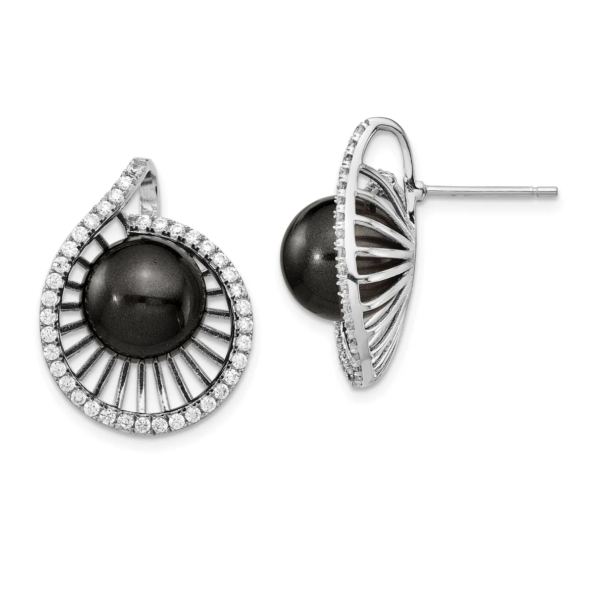 Pair of silver stud earrings featuring black onyx spheres surrounded by radiating ridged metal rays and a border of round white diamonds.