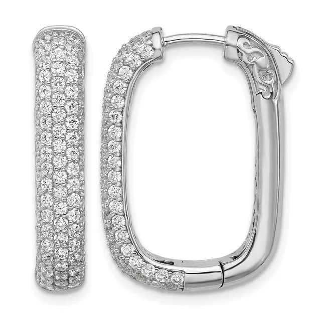 A pair of white metal hoop earrings densely paved with round diamonds, shown from front and back views with hinged closures.