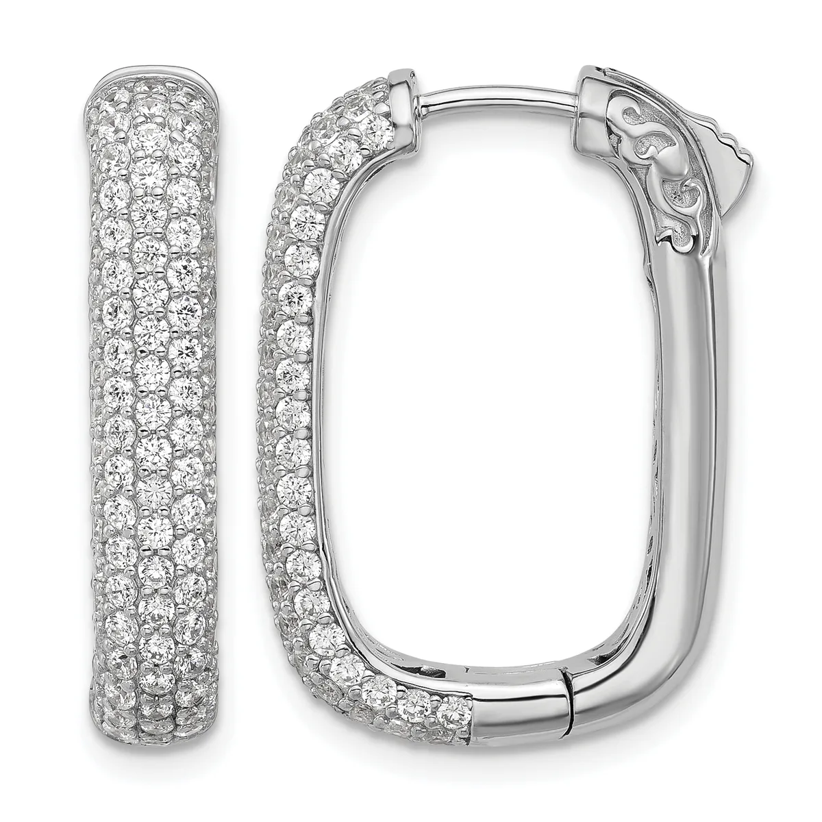 A pair of white metal hoop earrings densely paved with round diamonds, shown from front and back views with hinged closures.