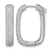 A pair of white metal hoop earrings densely paved with round diamonds, shown from front and back views with hinged closures.