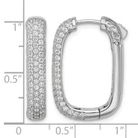 Pair of white metal hoop earrings densely covered with round diamonds, shown open and closed with a measurement scale indicating approximately one inch in length.